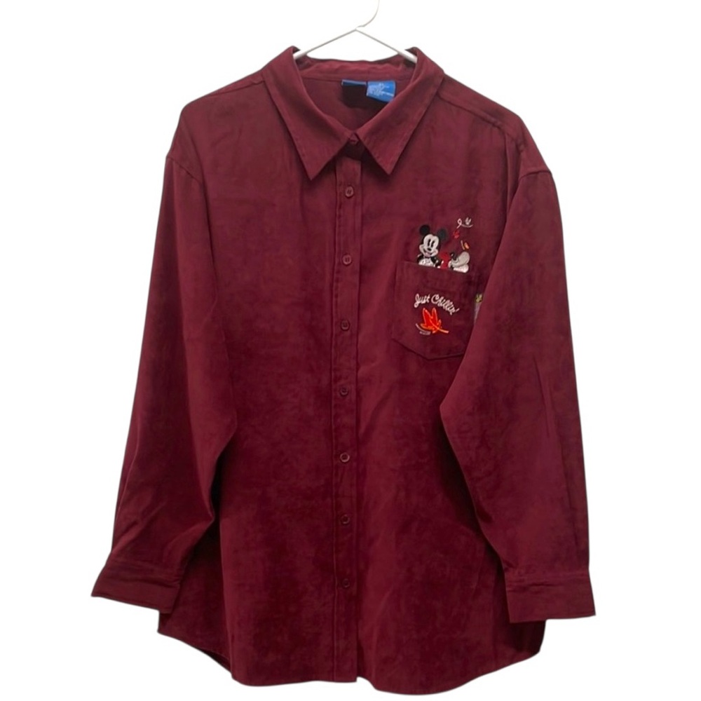 Disney Burgundy Fall Embroidered Mickey Mouse Button Down Long Sleeve